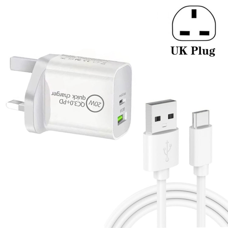 Carregador Universal de Viagem de Dupla Carga Rápida USB SDC-20WA+C 20W PD 3.0 + QC 3.0 com Cabo de Dados de Carga Rápida USB para Type-C / USB-C, Ficha Reino Unido, USB para Type-C / USB-C (Ficha Reino Unido)