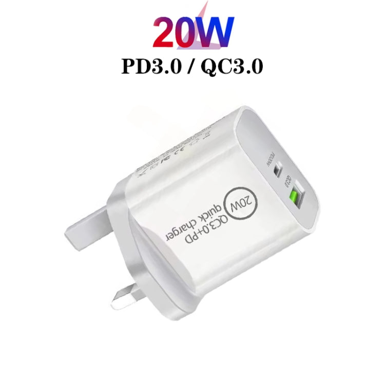 Carregador Universal de Viagem de Dupla Carga Rápida USB SDC-20WA+C 20W PD 3.0 + QC 3.0 com Cabo de Dados de Carga Rápida USB para Type-C / USB-C, Ficha Reino Unido, USB para Type-C / USB-C (Ficha Reino Unido)