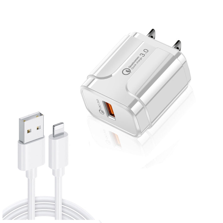 LZ-023 Carregador Portátil de Viagem USB 18W QC 3.0 + Cabo de Dados USB para 8 Pinos 3A, Ficha US, Cabo de Dados USB para 8 Pinos, Ficha US, Cabo de Dados 8 Pinos, Ficha US