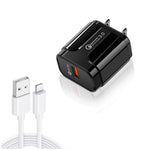LZ-023 Carregador Portátil de Viagem USB 18W QC 3.0 + Cabo de Dados USB para 8 Pinos 3A, Ficha US, Cabo de Dados USB para 8 Pinos, Ficha US, Cabo de Dados 8 Pinos, Ficha US