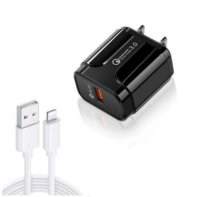 LZ-023 Carregador Portátil de Viagem USB 18W QC 3.0 + Cabo de Dados USB para 8 Pinos 3A, Ficha US, Cabo de Dados USB para 8 Pinos, Ficha US, Cabo de Dados 8 Pinos, Ficha US