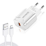 LZ-023 Carregador Portátil de Viagem USB 18W QC 3.0 + Cabo de Dados USB para 8 Pinos 3A, Ficha EU, Cabo de Dados 8 Pinos, Ficha EU