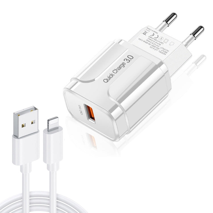 LZ-023 Carregador Portátil de Viagem USB 18W QC 3.0 + Cabo de Dados USB para 8 Pinos 3A, Ficha EU, Cabo de Dados 8 Pinos, Ficha EU