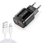LZ-023 Carregador Portátil de Viagem USB 18W QC 3.0 + Cabo de Dados USB para 8 Pinos 3A, Ficha EU, Cabo de Dados 8 Pinos, Ficha EU