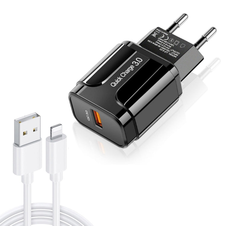 LZ-023 Carregador Portátil de Viagem USB 18W QC 3.0 + Cabo de Dados USB para 8 Pinos 3A, Ficha EU, Cabo de Dados 8 Pinos, Ficha EU