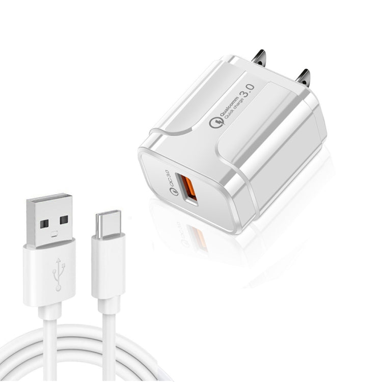LZ-023 Carregador de Viagem USB Portátil 18W QC3.0 + Cabo de Dados USB para Type-C 3A, Plugue US, Cabo de Dados Type-C, Plugue US