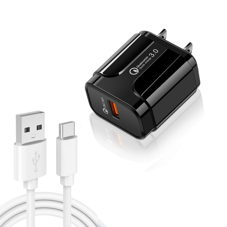 LZ-023 Carregador de Viagem USB Portátil 18W QC3.0 + Cabo de Dados USB para Type-C 3A, Plugue US, Cabo de Dados Type-C, Plugue US