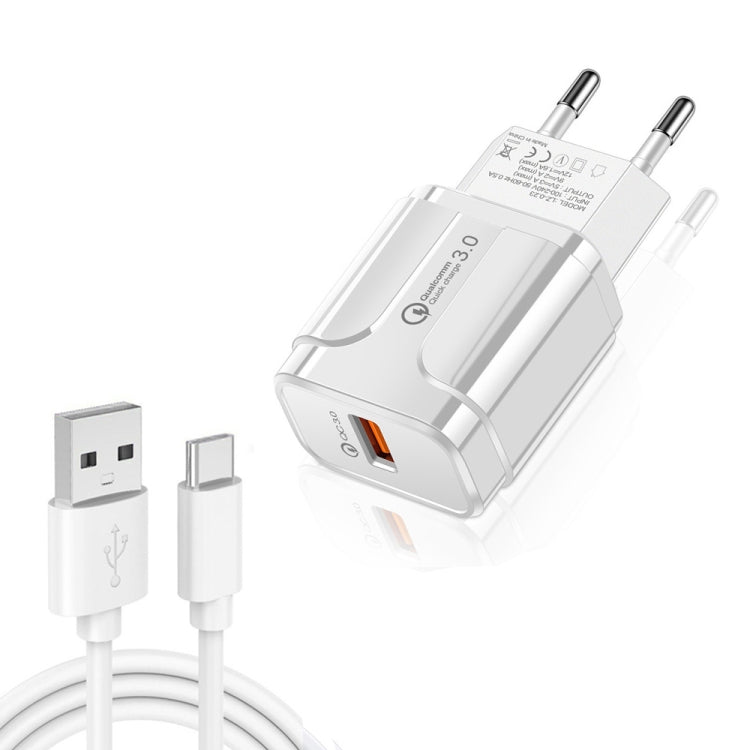 LZ-023 Carregador de Viagem USB Portátil 18W QC 3.0 + Cabo de Dados USB para Type-C 3A, Plugue EU, Cabo de Dados Type-C, Plugue EU