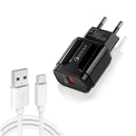 LZ-023 Carregador de Viagem USB Portátil 18W QC 3.0 + Cabo de Dados USB para Type-C 3A, Plugue EU, Cabo de Dados Type-C, Plugue EU