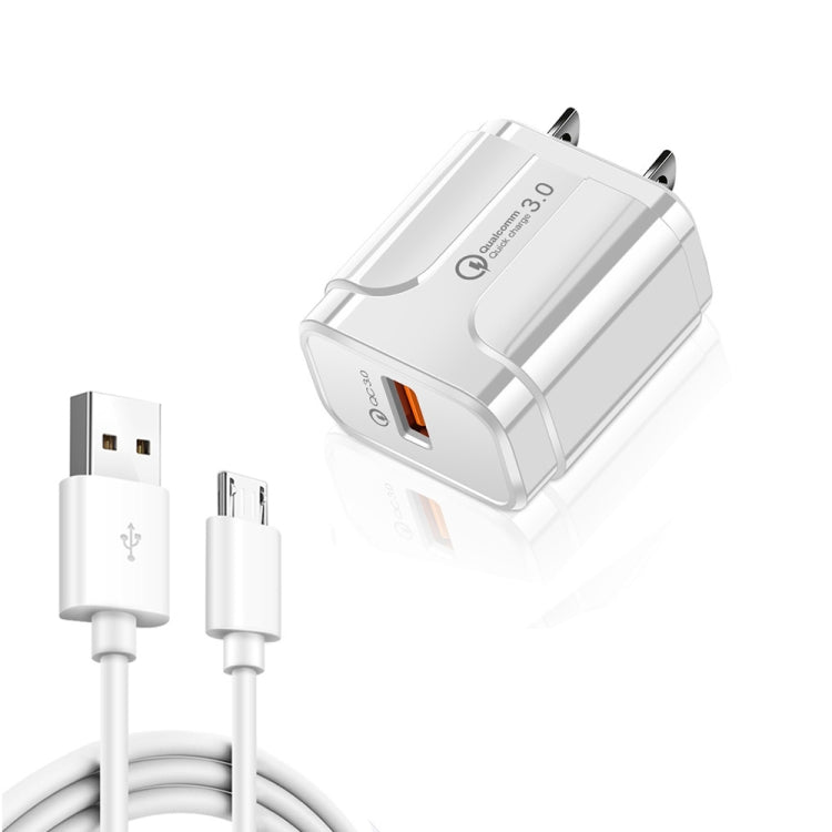 LZ-023 Carregador de Viagem USB Portátil 18W QC 3.0 + Cabo de Dados USB para Micro USB 3A, Plugue US, Cabo de Dados Micro USB, Plugue US