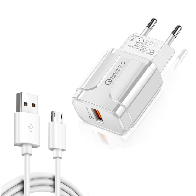 LZ-023 Carregador de Viagem USB Portátil 18W QC 3.0 + Cabo de Dados USB para Micro USB 3A, Plugue EU, Cabo de Dados Micro USB, Plugue EU