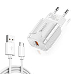 LZ-023 Carregador de Viagem USB Portátil 18W QC 3.0 + Cabo de Dados USB para Micro USB 3A, Plugue EU, Cabo de Dados Micro USB, Plugue EU