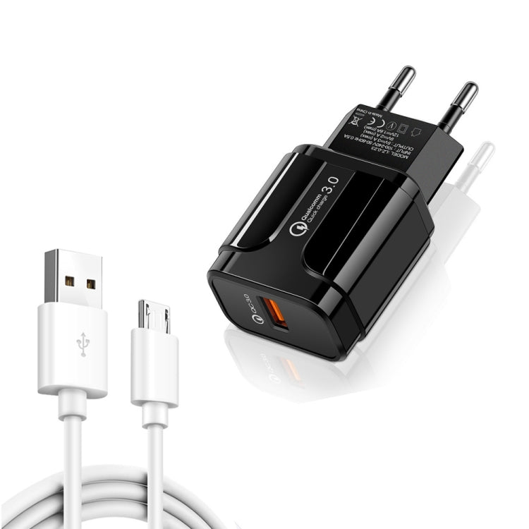LZ-023 Carregador de Viagem USB Portátil 18W QC 3.0 + Cabo de Dados USB para Micro USB 3A, Plugue EU, Cabo de Dados Micro USB, Plugue EU