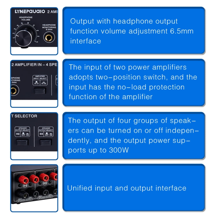 Comutador de Som Amplificador de Potência 2-em-4 Saídas B032, Qualidade de Som Sem Perdas, 300W Por Canal, Distribuidor Comutador Comparador com Função de Monitorização de Auscultadores / Entrada de Áudio, B032