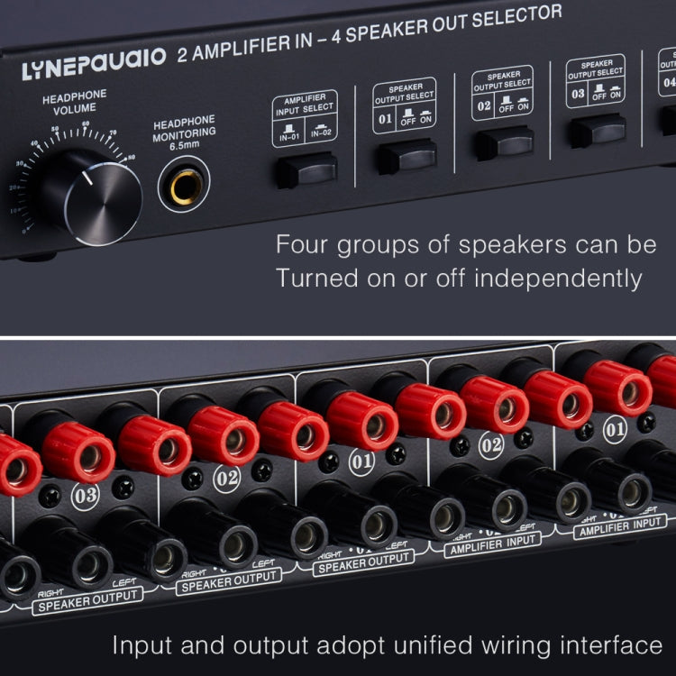 Comutador de Som Amplificador de Potência 2-em-4 Saídas B032, Qualidade de Som Sem Perdas, 300W Por Canal, Distribuidor Comutador Comparador com Função de Monitorização de Auscultadores / Entrada de Áudio, B032