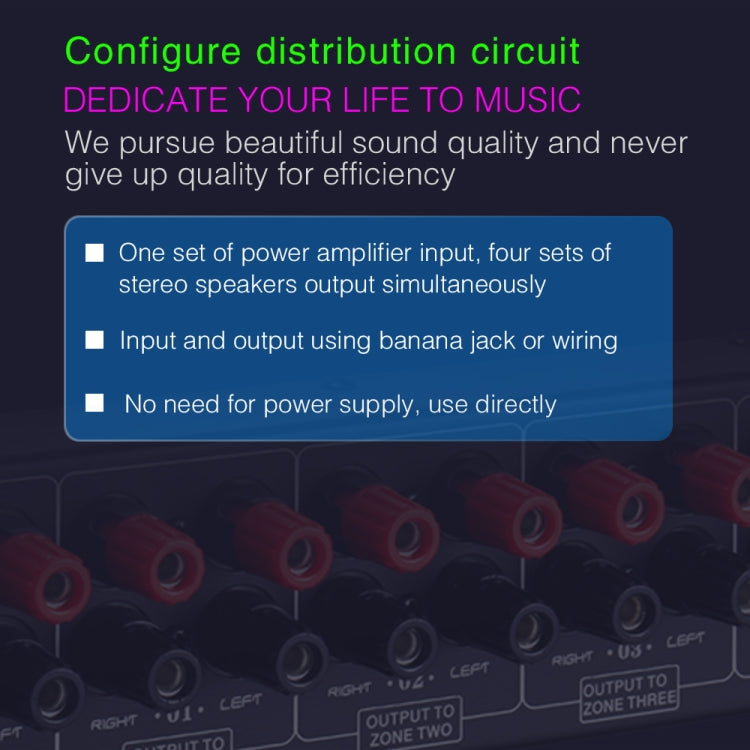 Distribuidor de Som Amplificador 1 Entrada e 4 Saídas, Fonte de Som para 4 Áreas, Painel de Distribuição de Sinal, Entrada de Áudio Única, 300W Por Canal, B030
