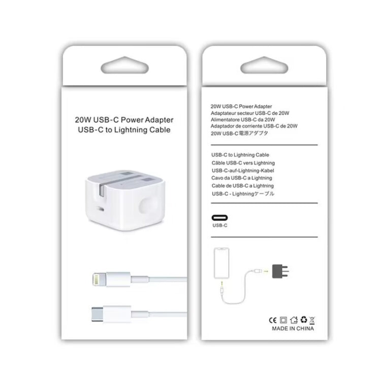 A2344 Carregador de Viagem Dobrável 20W PD 3.0 Tipo-C / USB-C + Conjunto de Cabo de Dados de Carregamento Rápido USB-C / Tipo-C para 8 Pinos, Ficha UK, Comprimento: 2m, 20W 8 Pinos Comprimento: 2m