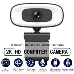 Webcam C10 2K HD sem distorção, rotação 360 graus, luz de preenchimento de três velocidades, USB sem driver, microfone incorporado com som mais claro