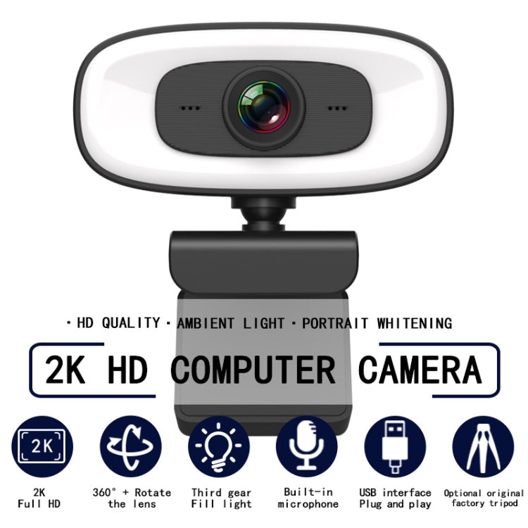 Webcam C10 2K HD sem distorção, rotação 360 graus, luz de preenchimento de três velocidades, USB sem driver, microfone incorporado com som mais claro