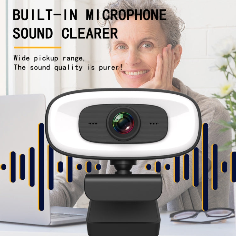 Webcam C10 2K HD sem distorção, rotação 360 graus, luz de preenchimento de três velocidades, USB sem driver, microfone incorporado com som mais claro