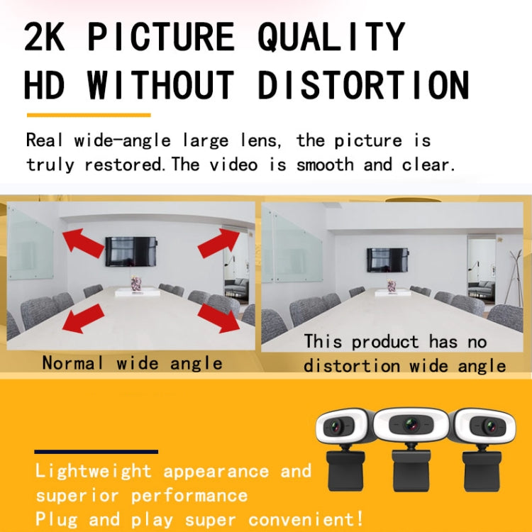 Webcam C10 2K HD sem distorção, rotação 360 graus, luz de preenchimento de três velocidades, USB sem driver, microfone incorporado com som mais claro