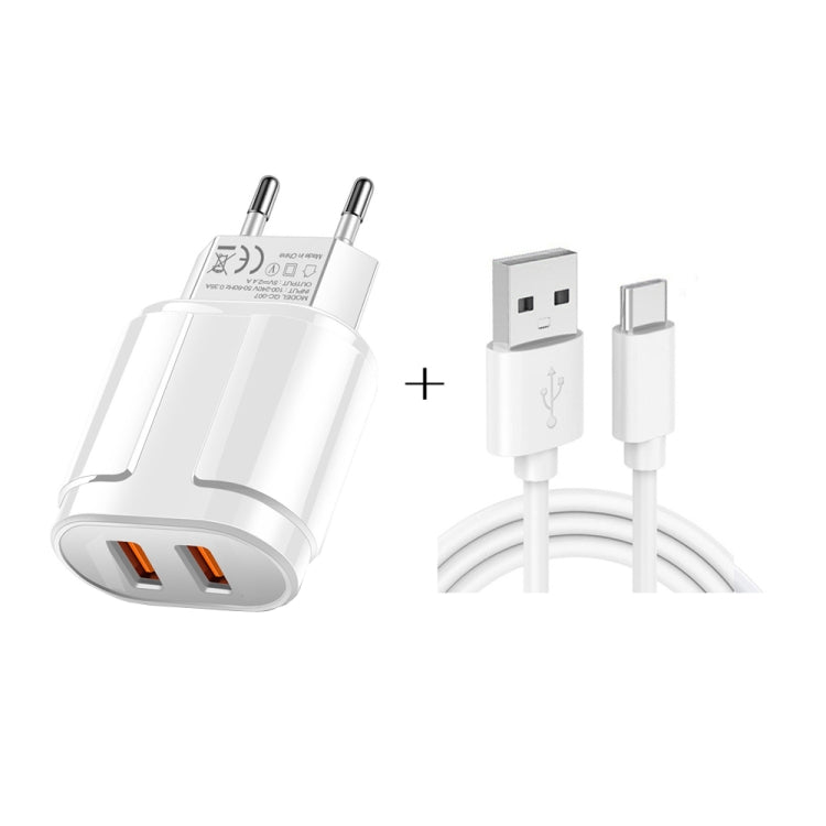 Carregador de Viagem Portátil USB Duplo + Cabo de Dados USB para Type-C de 1 Metro, Plugue EU