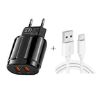 Carregador de Viagem Portátil USB Duplo + Cabo de Dados USB para Type-C de 1 Metro, Plugue EU