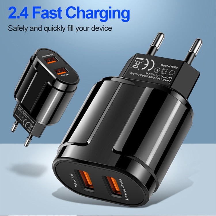 Carregador de Viagem Portátil USB Duplo + Cabo de Dados USB para Type-C de 1 Metro, Plugue EU