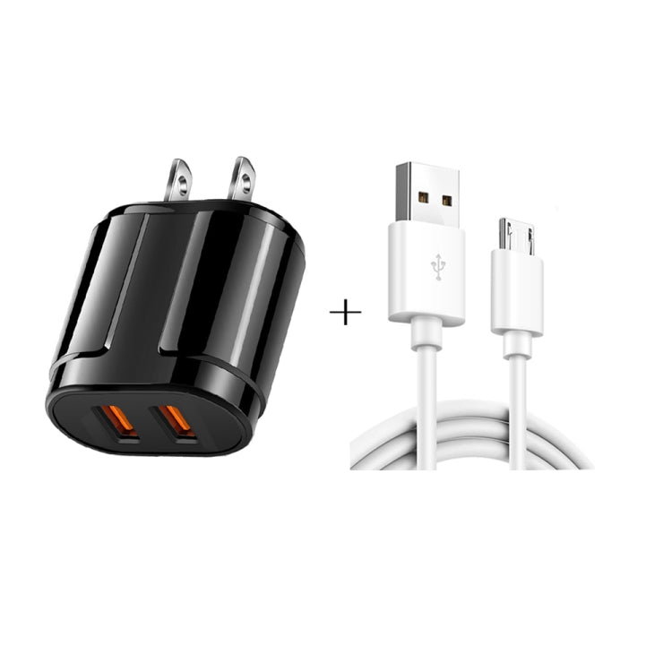 Carregador de Viagem Portátil USB Duplo + Cabo de Dados USB para Micro USB de 1 Metro, Plugue US