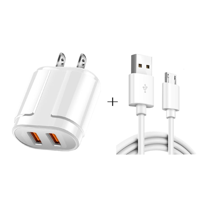 Carregador de Viagem Portátil USB Duplo + Cabo de Dados USB para Micro USB de 1 Metro, Plugue US