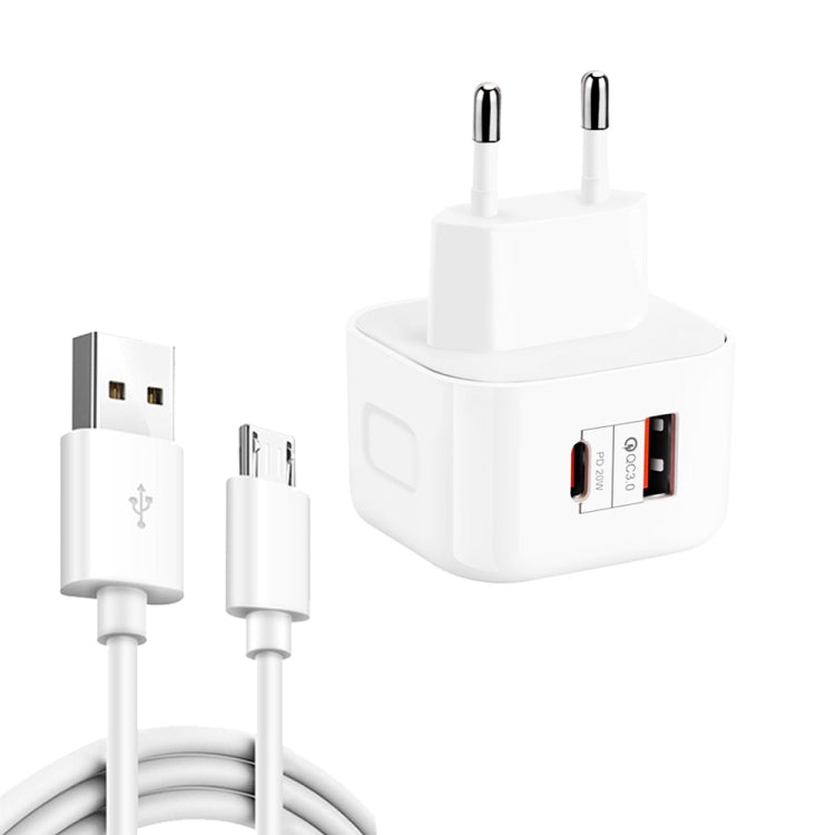 YSY-6087PD Carregador de Viagem de Dupla Carga Rápida 20W PD3.0 + QC3.0 com Cabo de Dados USB para Micro USB, Plugue EU, Plugue US, Plugue UK