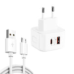YSY-6087PD Carregador de Viagem de Dupla Carga Rápida 20W PD3.0 + QC3.0 com Cabo de Dados USB para Micro USB, Plugue EU, Plugue US, Plugue UK