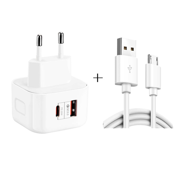 YSY-6087PD Carregador de Viagem de Dupla Carga Rápida 20W PD3.0 + QC3.0 com Cabo de Dados USB para Micro USB, Plugue EU, Plugue US, Plugue UK
