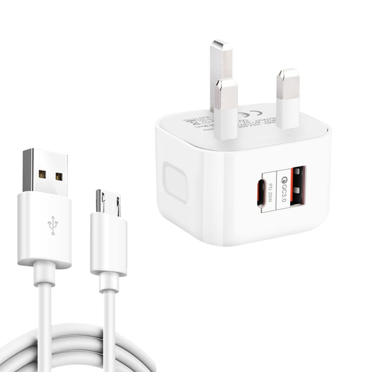 YSY-6087PD Carregador de Viagem de Dupla Carga Rápida 20W PD3.0 + QC3.0 com Cabo de Dados USB para Micro USB, Plugue EU, Plugue US, Plugue UK