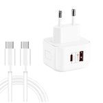 Carregador de Viagem Rápido Duplo 20W PD3.0 + QC3.0 YSY-6087PD com Cabo de Dados Type-C para Type-C, Ficha UE, Ficha EUA, Ficha Reino Unido