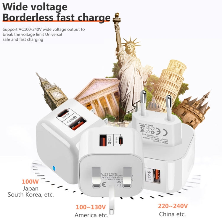 Carregador de Viagem Rápido Duplo 20W PD3.0 + QC3.0 YSY-6087PD com Cabo de Dados Type-C para Type-C, Ficha UE, Ficha EUA, Ficha Reino Unido