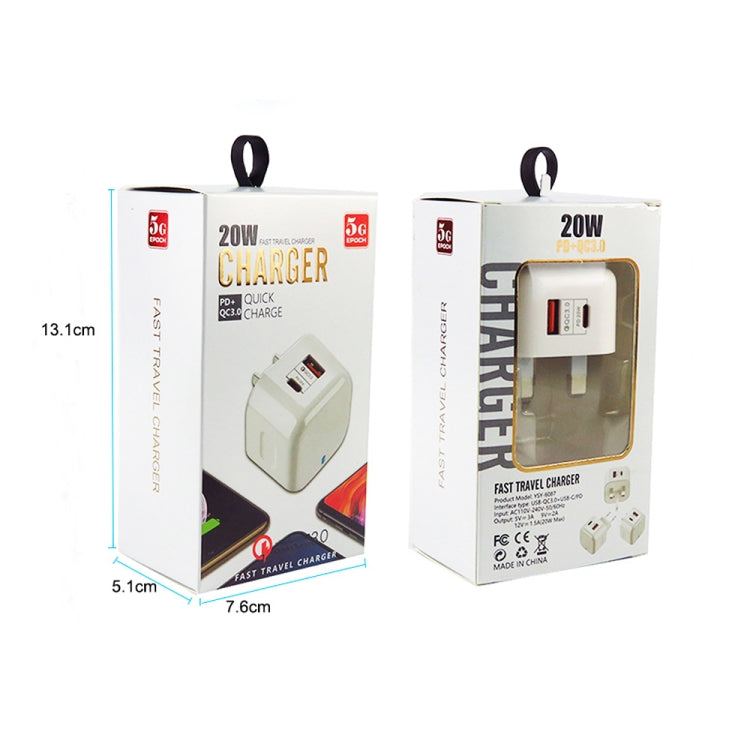 Carregador de Viagem Rápido Duplo 20W PD3.0 + QC3.0 YSY-6087PD com Cabo de Dados Type-C para Type-C, Ficha UE, Ficha EUA, Ficha Reino Unido