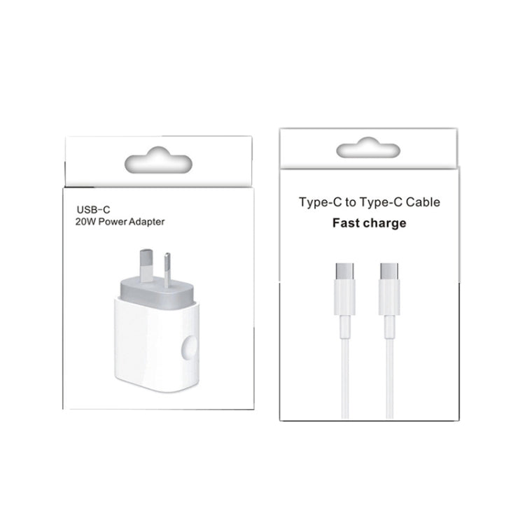 Adaptador de Energia de Carregador Rápido de Viagem 20W PD 3.0 com Cabo de Dados de Carga Rápida USB-C / Type-C para Type-C, Ficha AU, 1m, 2m
