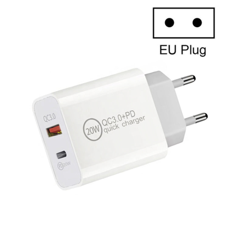 Carregador de Viagem de Dupla Carga Rápida 20W PD3.0+QC 3.0 para iPhone, Huawei, Samsung, Xiaomi, Plugue EU, Plugue US, Plugue AU