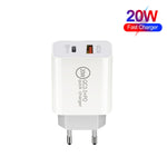 Carregador de Viagem de Dupla Carga Rápida 20W PD3.0+QC 3.0 para iPhone, Huawei, Samsung, Xiaomi, Plugue EU, Plugue US, Plugue AU