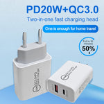 Carregador de Viagem de Dupla Carga Rápida 20W PD3.0+QC 3.0 para iPhone, Huawei, Samsung, Xiaomi, Plugue EU, Plugue US, Plugue AU