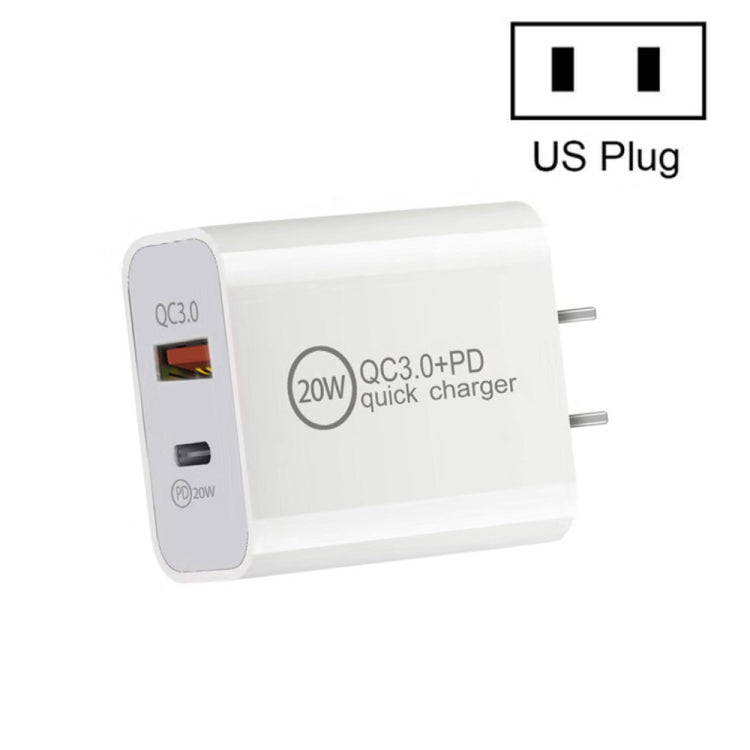 Carregador de Viagem de Dupla Carga Rápida 20W PD3.0+QC 3.0 para iPhone, Huawei, Samsung, Xiaomi, Plugue EU, Plugue US, Plugue AU