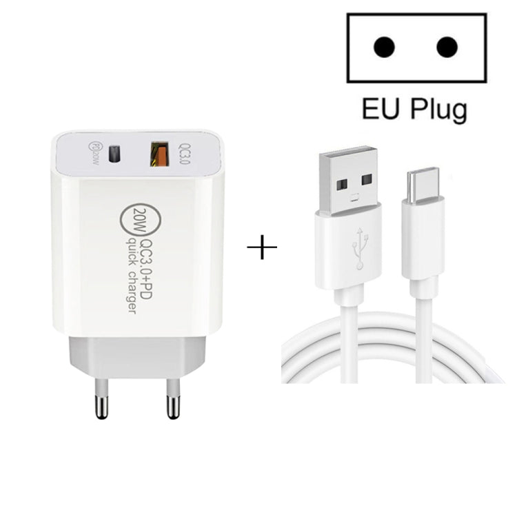 Carregador de Viagem de Carga Rápida 20W PD Type-C + QC 3.0 USB com Cabo de Dados USB para Type-C de Carga Rápida, Plugue EU, Plugue US, Plugue AU