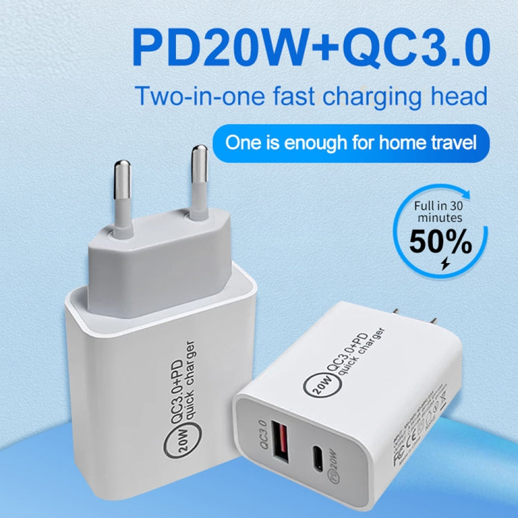 20W PD Type-C + QC 3.0 USB Interface Fast Charging Travel Charger with USB to Type-C Fast Charge Data Cable, EU Plug, US Plug, AU Plug
