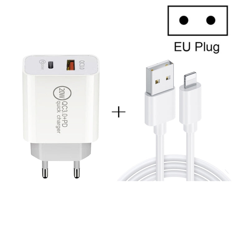 Carregador de Viagem de Carga Rápida 20W PD Type-C + QC 3.0 com Interface USB e Cabo de Dados de Carga Rápida USB para 8 Pinos, Ficha EU, Ficha US, Ficha AU