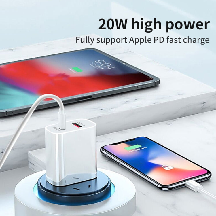 20W PD Type-C + QC 3.0 USB Interface Fast Charging Travel Charger with USB to 8 Pin Fast Charge Data Cable, EU Plug, US Plug, AU Plug