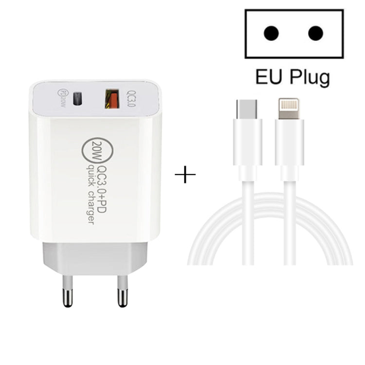 Carregador de Viagem de Carga Rápida 20W PD Type-C + QC 3.0 com Interface USB e Cabo de Dados de Carga Rápida USB-C / Type-C para 8 Pinos, Ficha EU, Ficha US, Ficha AU