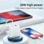 Carregador de Viagem de Carga Rápida 20W PD Type-C + QC 3.0 com Interface USB e Cabo de Dados de Carga Rápida USB-C / Type-C para 8 Pinos, Ficha EU, Ficha US, Ficha AU