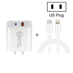 Carregador de Viagem de Carga Rápida 20W PD Type-C + QC 3.0 com Interface USB e Cabo de Dados de Carga Rápida USB-C / Type-C para 8 Pinos, Ficha EU, Ficha US, Ficha AU