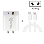 Carregador de Viagem de Carga Rápida 20W PD Type-C + QC 3.0 com Interface USB e Cabo de Dados de Carga Rápida USB-C / Type-C para 8 Pinos, Ficha EU, Ficha US, Ficha AU